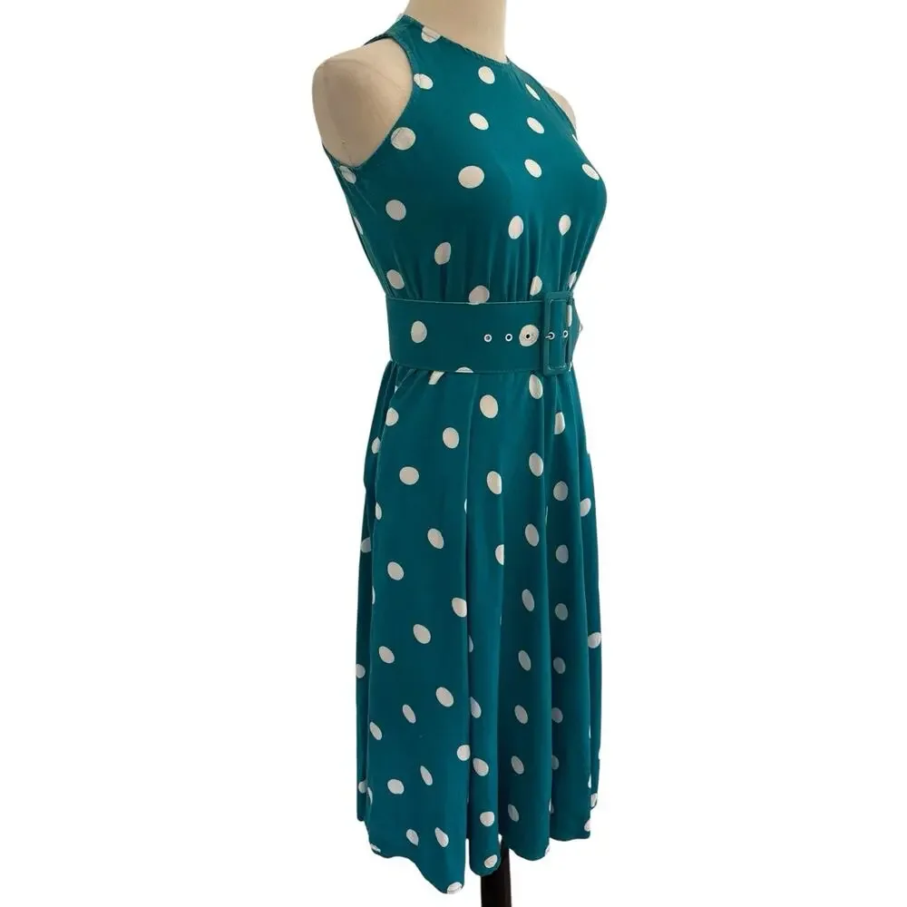 Vtg‎ 80s Brooks Atelier NY Teal Polka Dot Dress W/ Belt Halter Neck Xs Old Money